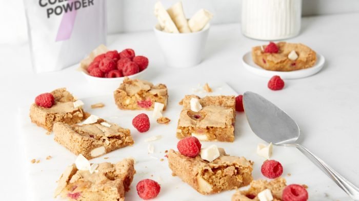 Raspberry & White Chocolate Collagen Blondies